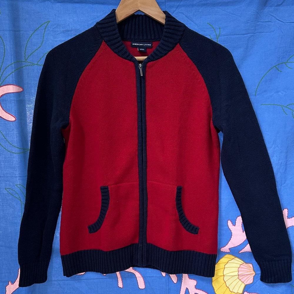 American Living Navy Blue and Red Knit Cardigan Sweater Size S